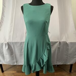 Calvin Klein Dress Womens 6 Green Sleeveless Ruffle Asymmetrical Hem Fitted Zip